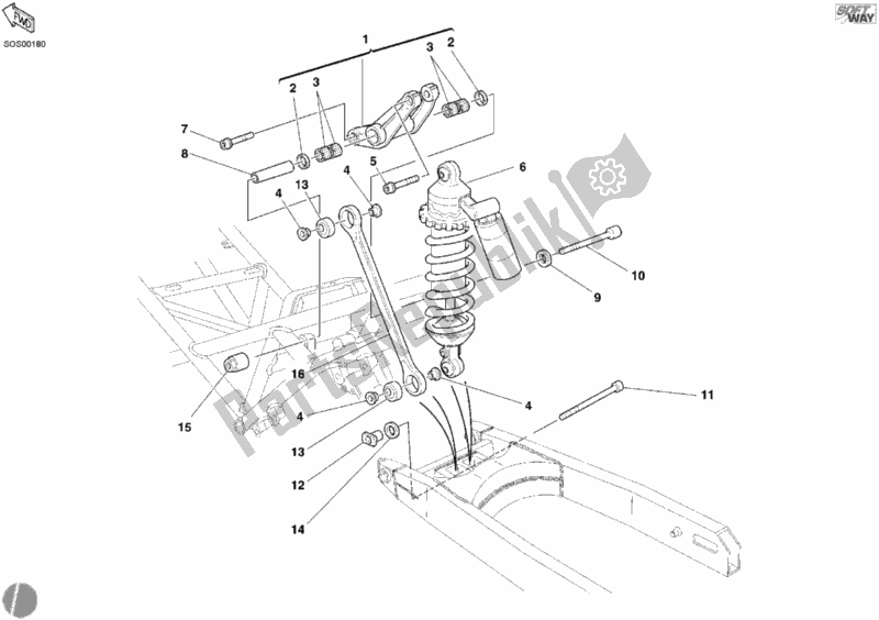 Alle onderdelen voor de Schokdemper Achter van de Ducati Sport ST3 USA 1000 2005